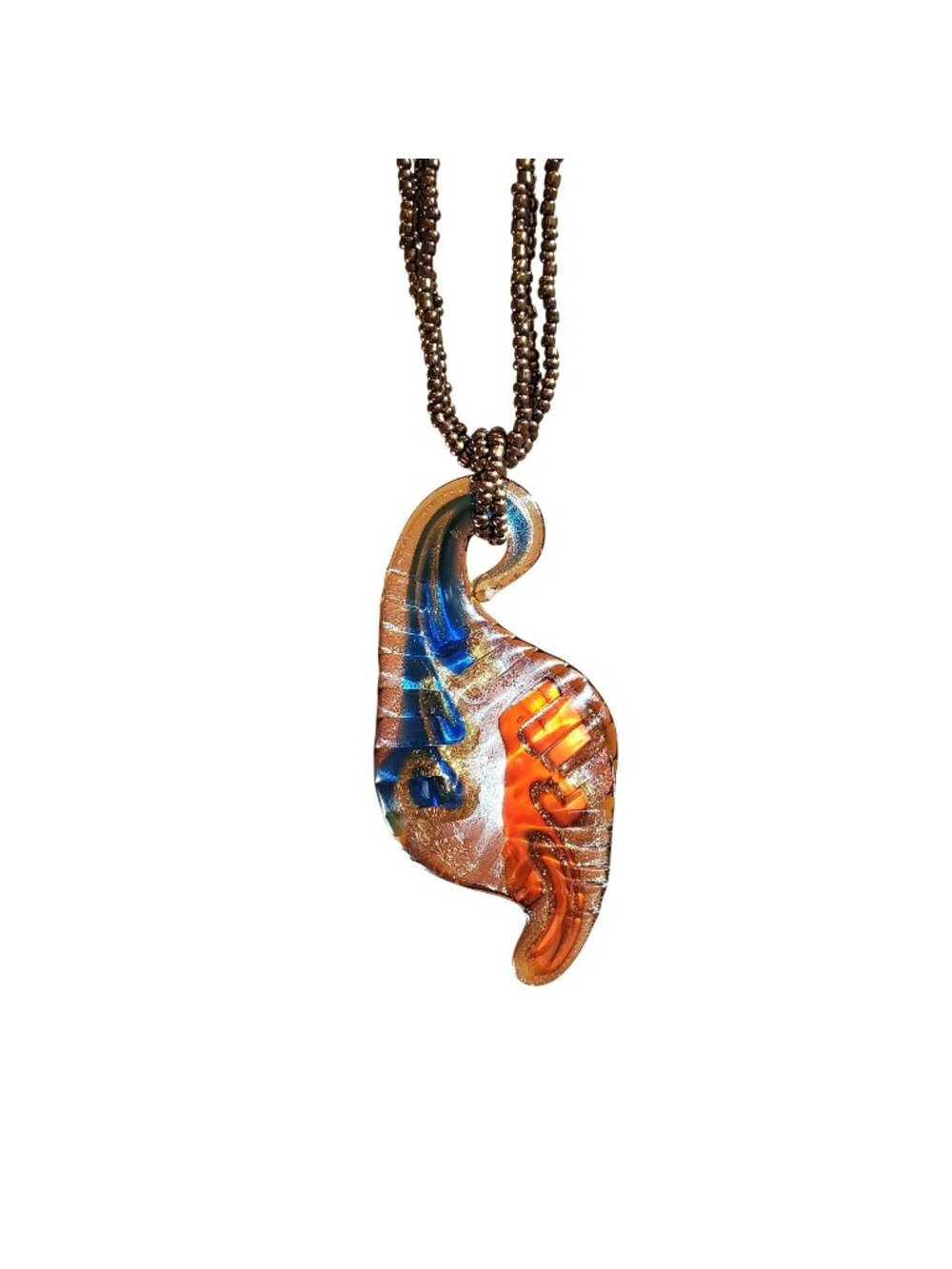 Murano-Style Glass Pendant Necklace, Multicolor Abstract Design, Bronze Beads